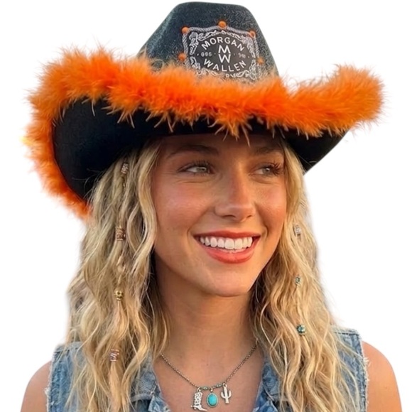 Hand Crafted Accessories - Morgan Wallen custom Handcrafted black & Orange Feather Cowgirl Hat festival